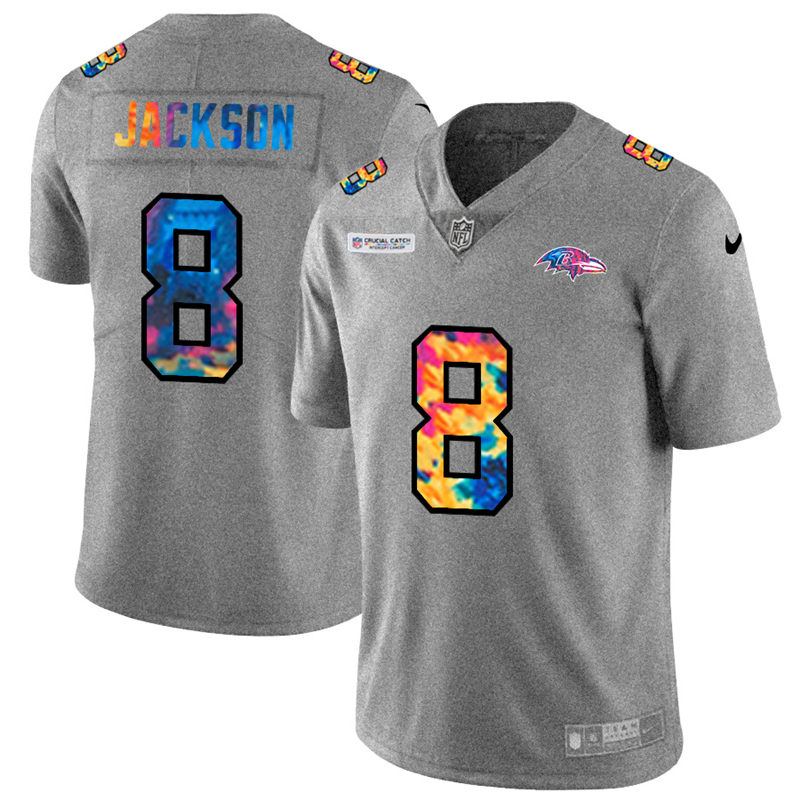 NFL Baltimore Ravens #8 Lamar Jackson Men Nike MultiColor 2020  Crucial Catch  Jersey Grey